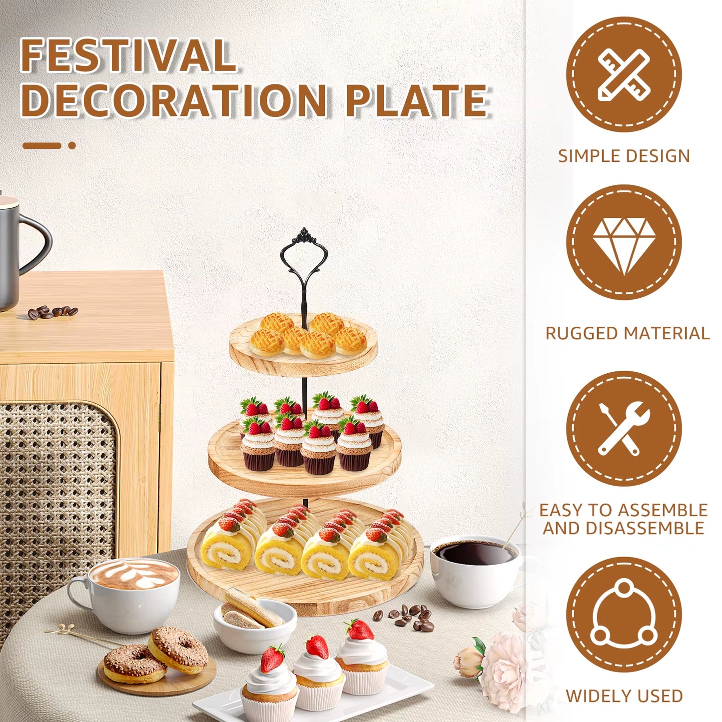 Expositor redondo de 3 niveles en madera – bandeja rústica para dulces y cumpleaños