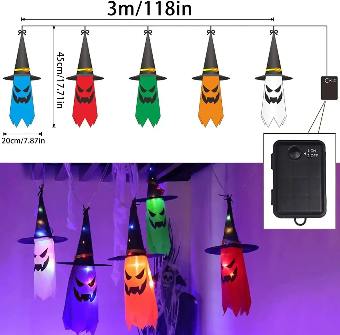Luces colgantes de sombrero de bruja LED para decoración de Halloween