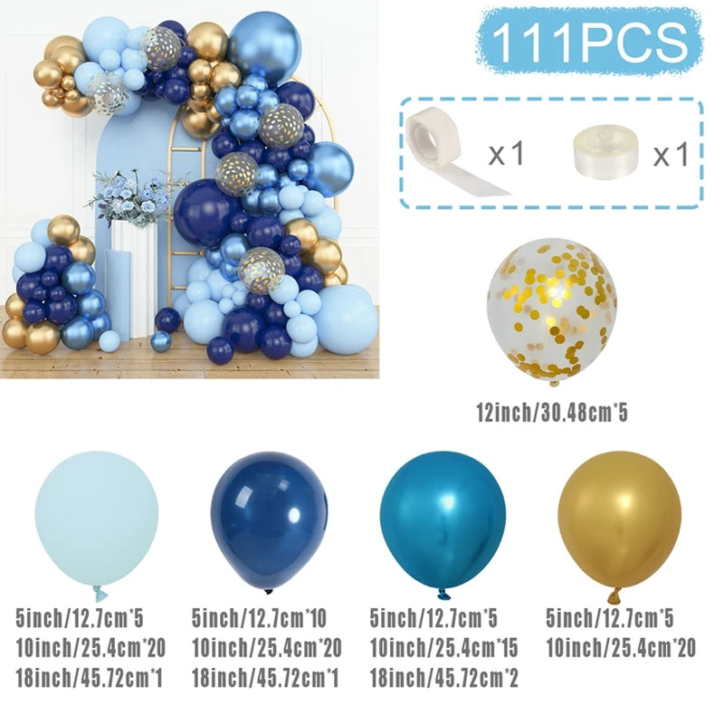 Guirnalda de globos azules y dorados con confeti para fiestas