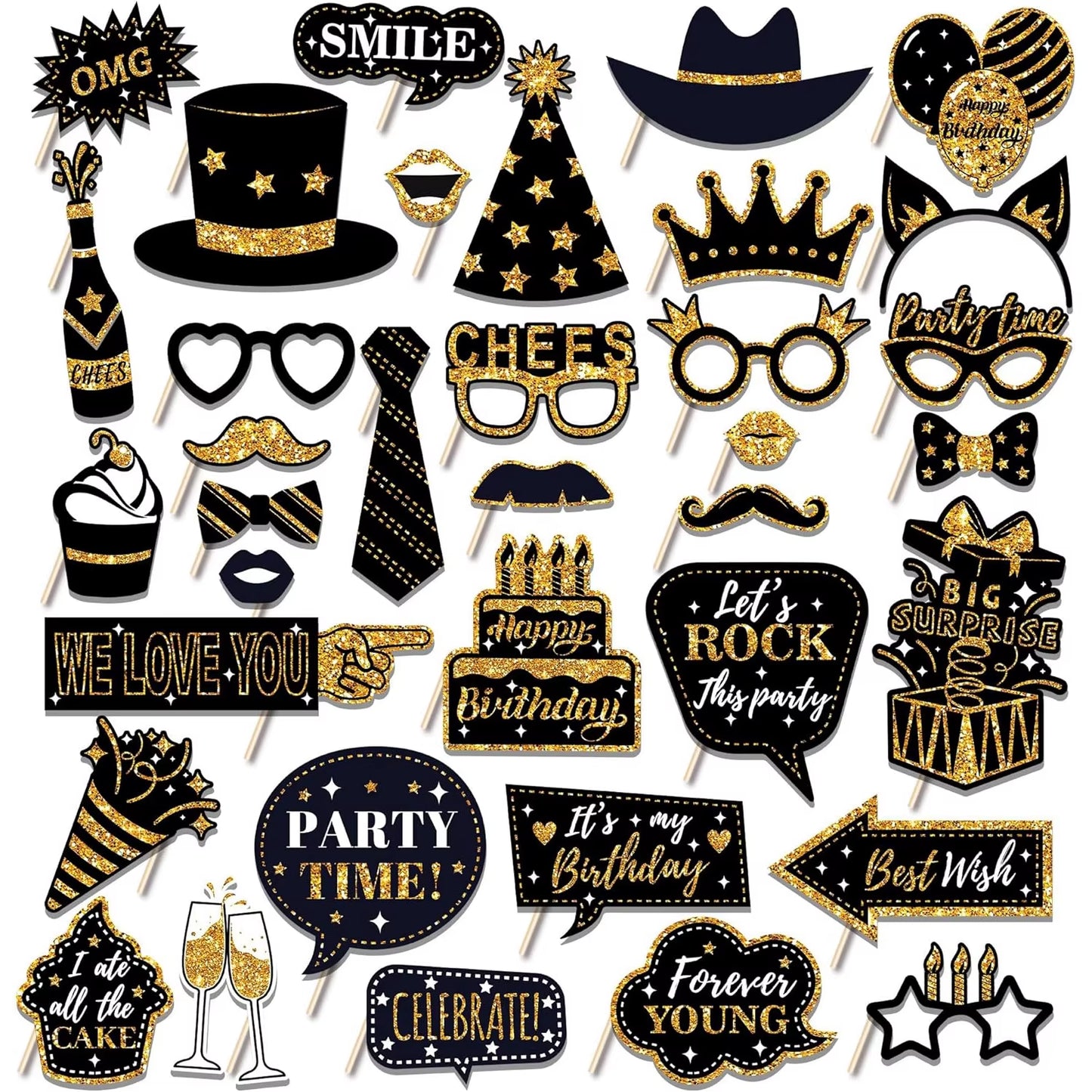 Set de Accesorios Negro y Dorado para Fotomatón de Bodas y Fiestas
