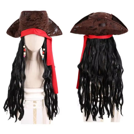 Peluca con sombrero de Pirata del Caribe – estilo Jack Sparrow para adultos