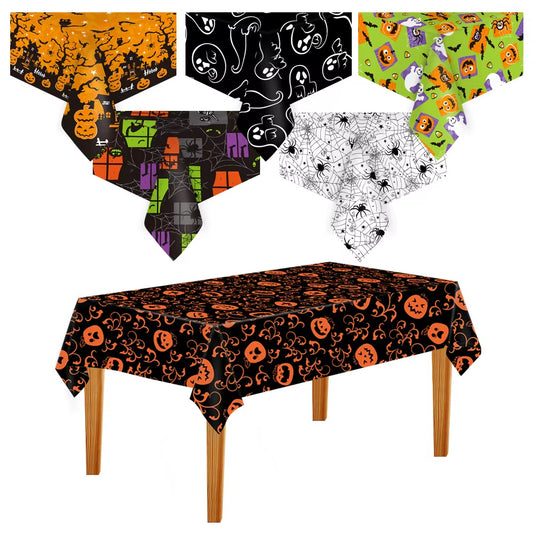 Mantel de Halloween con calabazas, murciélagos y telarañas