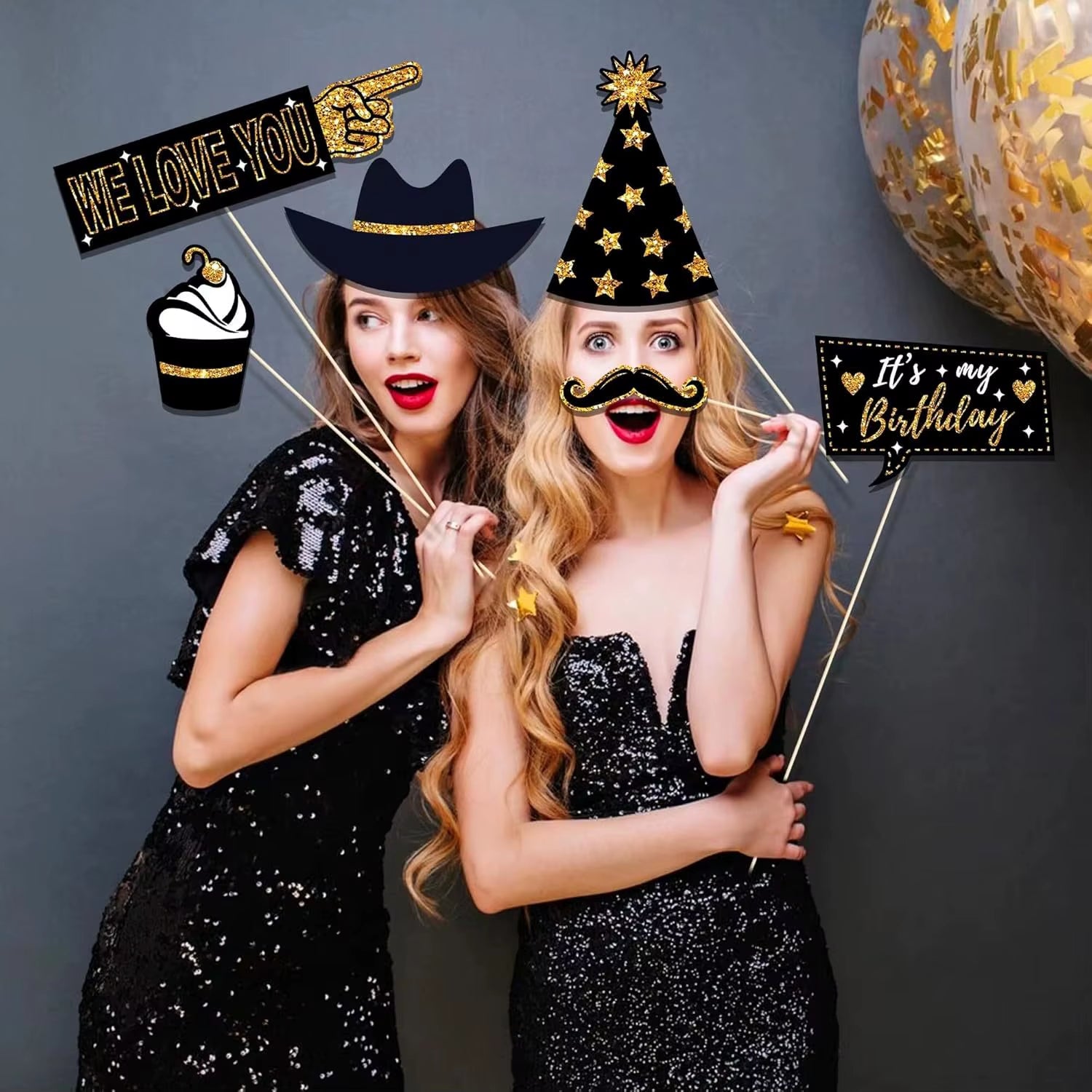 Set de Accesorios Negro y Dorado para Fotomatón de Bodas y Fiestas