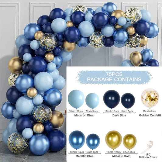 Guirnalda de globos azules y dorados con confeti para fiestas