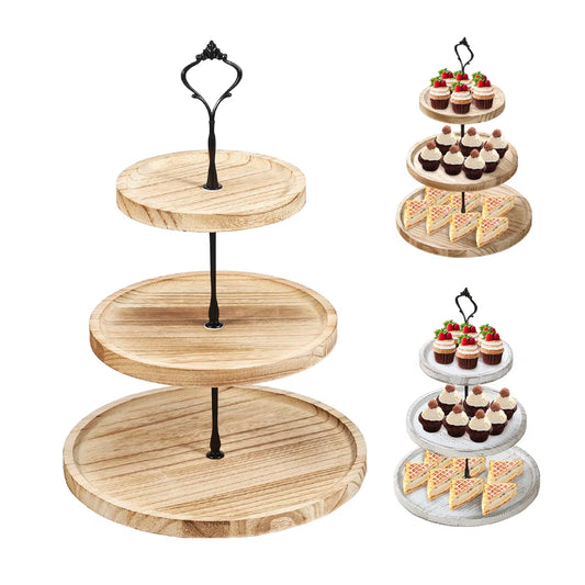 Expositor redondo de 3 niveles en madera – bandeja rústica para dulces y cumpleaños