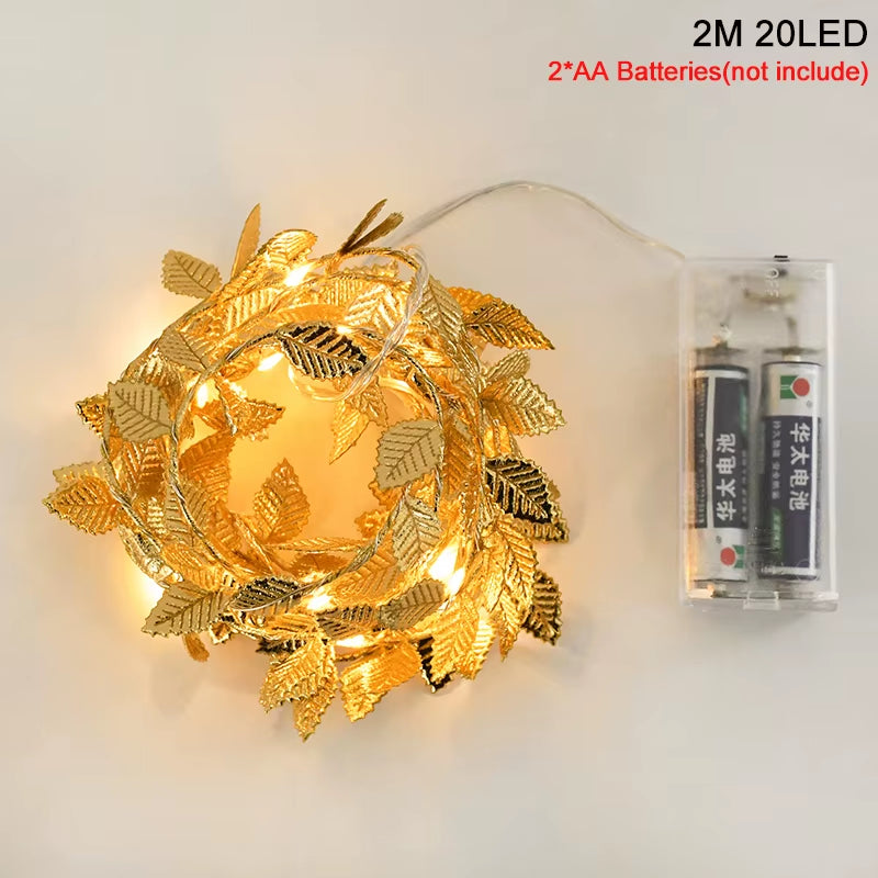  Guirnalda de Luces Doradas con Hojas Artificiales para Bodas y Fiestas