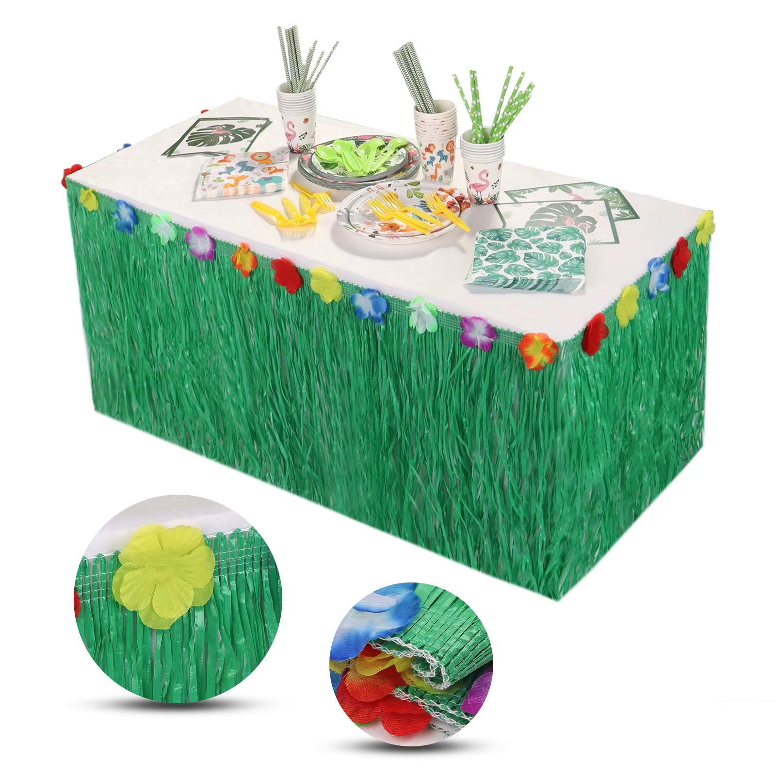 Falda de mesa hawaiana de paja para fiestas tropicales