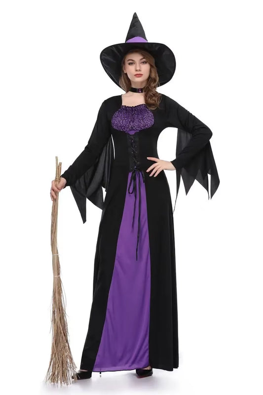 Disfraz de Bruja Púrpura para Adultos – Vestido Elegante de Halloween