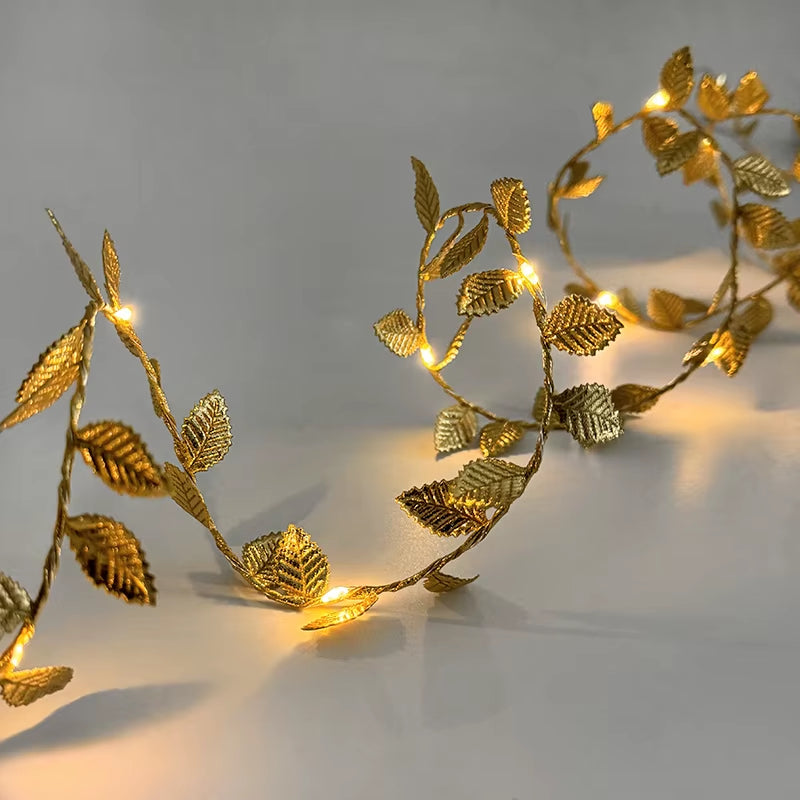  Guirnalda de Luces Doradas con Hojas Artificiales para Bodas y Fiestas