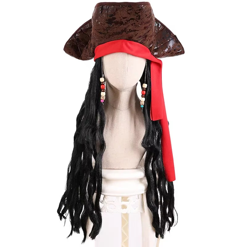 Peluca con sombrero de Pirata del Caribe – estilo Jack Sparrow para adultos