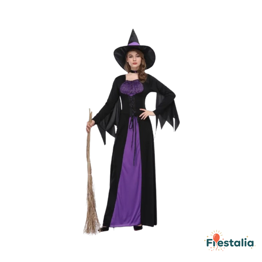 Disfraz de Bruja Púrpura para Adultos – Vestido Elegante de Halloween