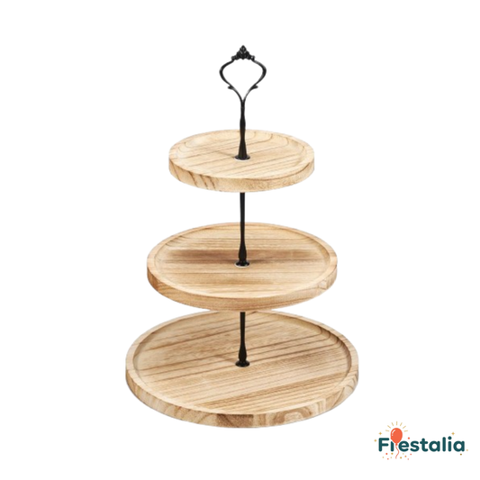 Expositor redondo de 3 niveles en madera – bandeja rústica para bodas y cumpleaños