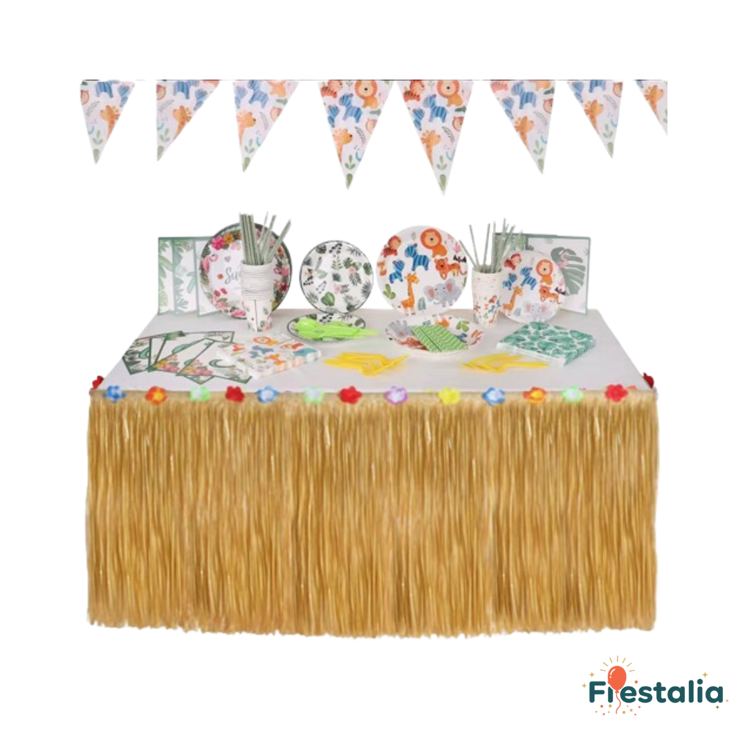 Falda de mesa hawaiana de paja para fiestas tropicales
