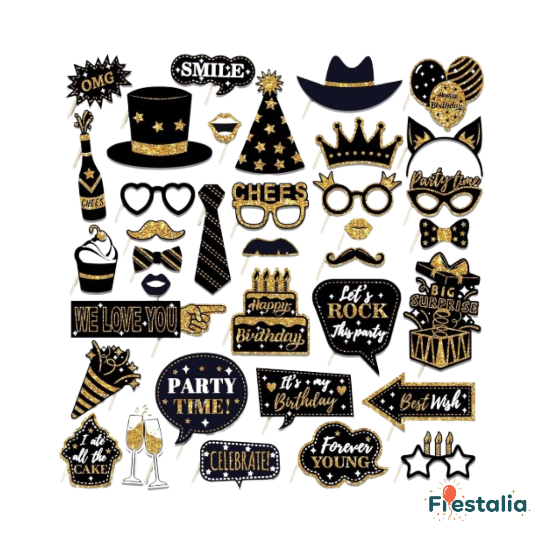 Set de Accesorios Negro y Dorado para Fotomatón de Bodas y Fiestas