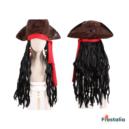 Peluca con sombrero de Pirata del Caribe – estilo Jack Sparrow para adultos
