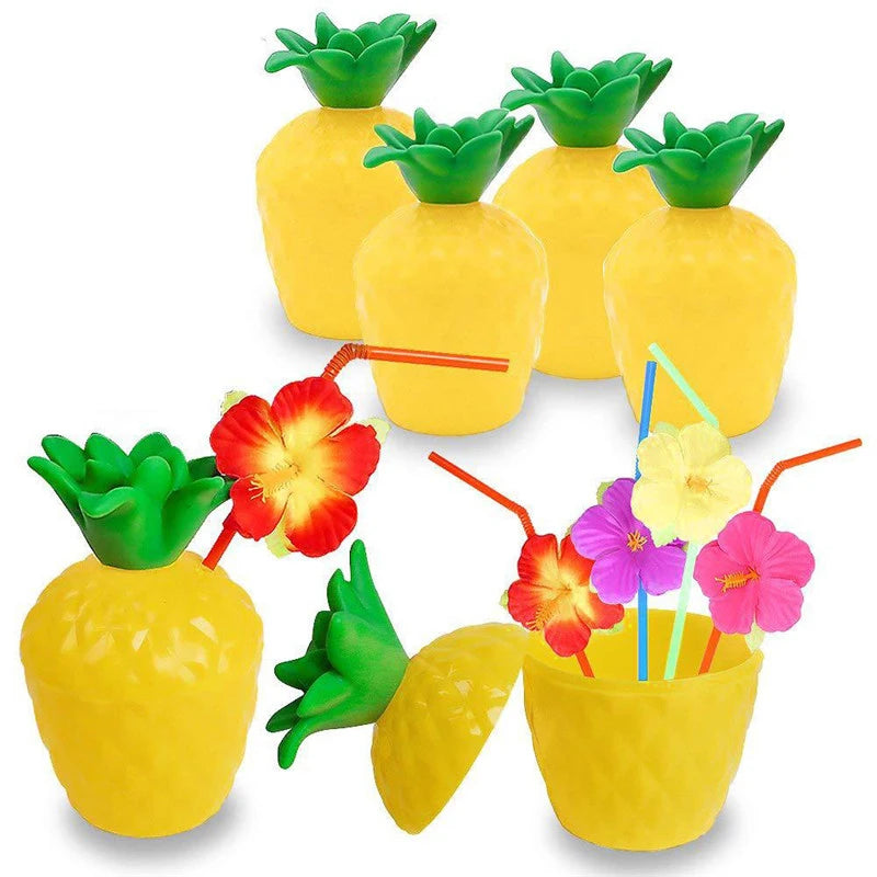 Vasos tropicales con forma de piña, coco y fresa para fiestas veraniegas