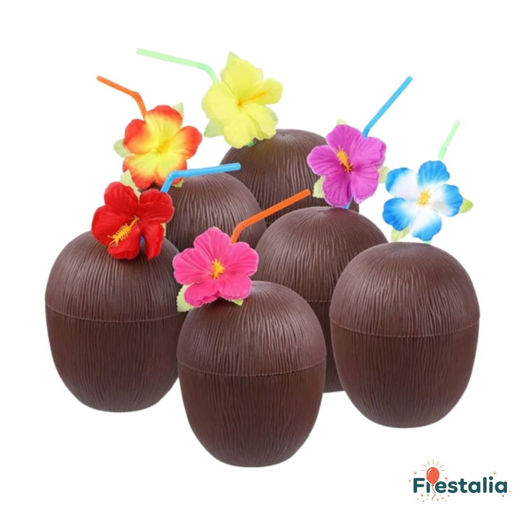 Vasos tropicales con forma de piña, coco y fresa para fiestas veraniegas