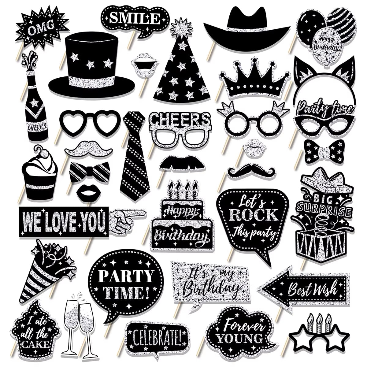 Set de Accesorios Negro y Dorado para Fotomatón de Bodas y Fiestas