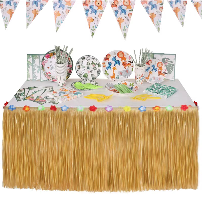 Falda de mesa hawaiana de paja para fiestas tropicales