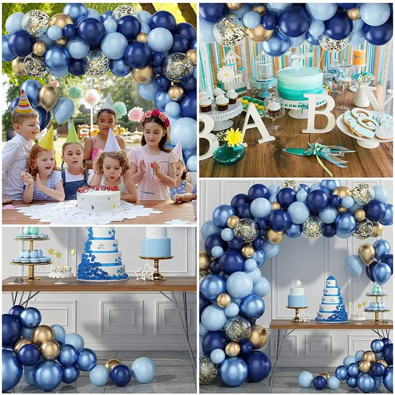 Guirnalda de globos azules y dorados con confeti para fiestas